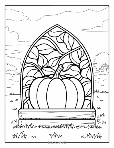 Coloriage d'automne douillet pour adultes : Une citrouille avec une tige verte repose sur une caisse parmi les arbres et l'herbe