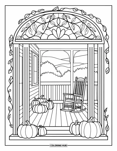 Coloriage d'automne douillet pour adultes : Un rocking-chair et des citrouilles sur une véranda avec une arche en vitrail feuillue