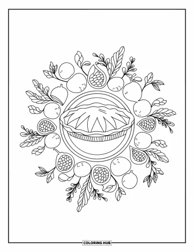 Coloriage d'automne douillet pour adultes : Une tarte ronde repose dans un joli mandala fait de fruits et de feuilles
