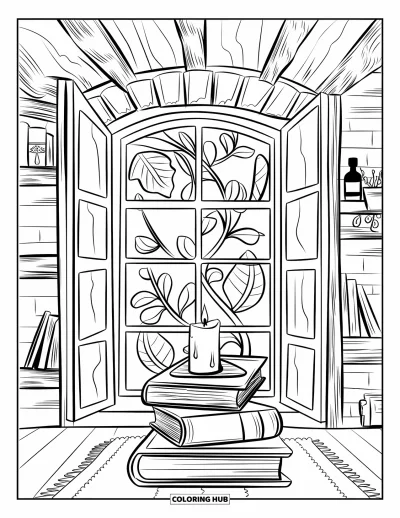 Coloriage d'automne douillet pour adultes : Une pièce rustique avec des livres, une bougie et une fenêtre décorée de feuilles