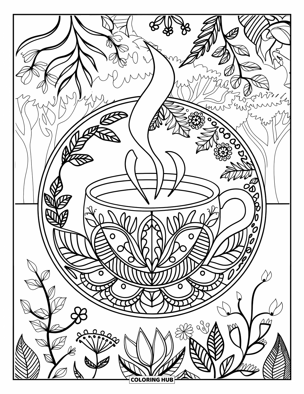 Cozy Fall Coloring Page for Adults: A steaming cup of tea sits at the center of a leafy mandala