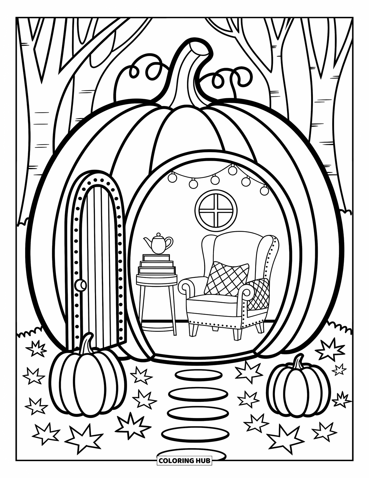 Cozy Fall Coloring Page for Adults: A sweet pumpkin house scene with warm lighting, stepping stones, and cozy touches
