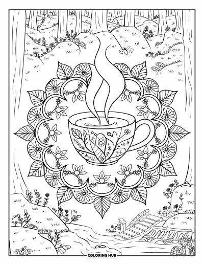 Coloriage d'automne douillet pour adultes : Une tasse de thé dans un mandala avec des animaux, des feuilles et des détails de la forêt