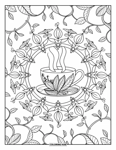 Coloriage d'automne douillet pour adultes : Une tasse de thé entourée d'un mandala de feuilles et de fleurs