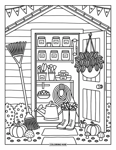 Coloriage d'automne douillet pour adultes : Un abri de jardin soigné rempli d'outils d'automne, de citrouilles et de champignons espiègles