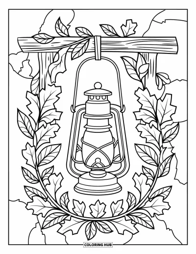 Coloriage d'automne douillet pour adultes : Une lanterne ancienne est suspendue près d'un mur rustique, entourée de feuilles en vitrail