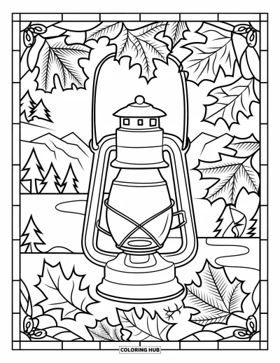Coloriage d'automne douillet pour adultes : Une lanterne ancienne est entourée de feuilles de chêne et d'érable dans un style vitrail
