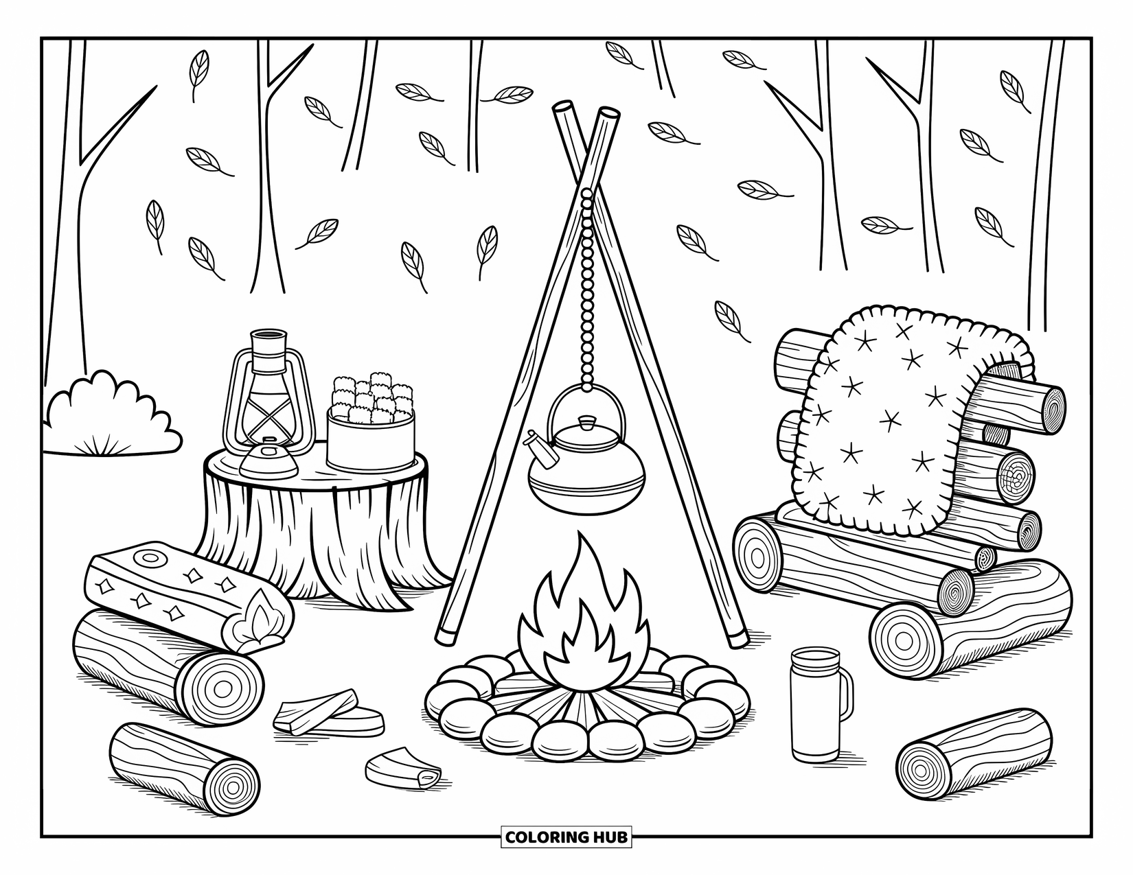 Cozy Fall Coloring Page for Adults: A warm forest nook with a flickering fire, marshmallows, and a kettle on a tripod