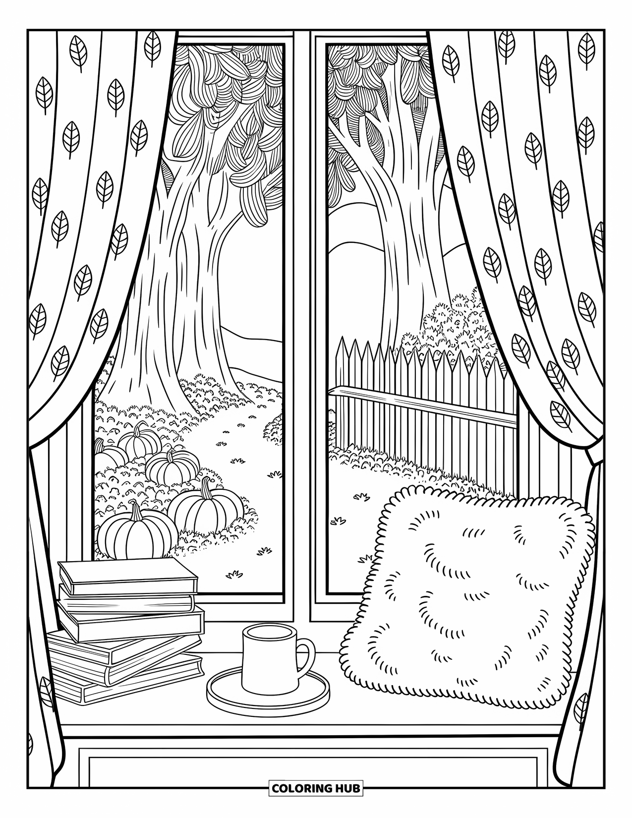 Cozy Fall Coloring Page for Adults: A warm window corner with a soft pillow, books, and a leafy fall view