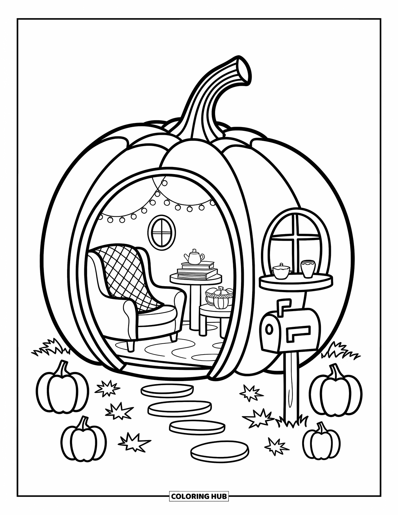 Cozy Fall Coloring Page for Adults: A whimsical pumpkin home with a quilted chair, glowing lights, and scattered pumpkins