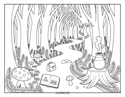 Coloriage d'automne douillet pour adultes : Un sentier forestier sinueux avec des objets réconfortants comme une sacoche, une écharpe et une gourde fumante