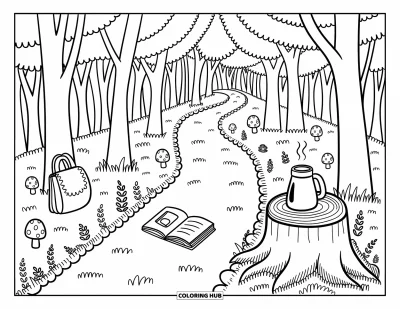Coloriage d'automne douillet pour adultes : Un sentier sinueux à travers la forêt avec des feuilles douces, des champignons et des objets essentiels éparpillés