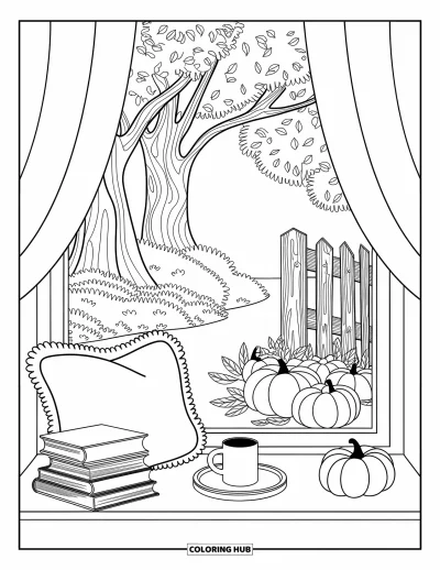 Coloriage d'automne douillet pour adultes : Un siège près de la fenêtre avec une lumière douce, des feuilles tourbillonnantes et une belle pile de livres