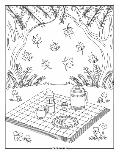 Coloriage d'automne douillet pour adultes : Une scène de pique-nique en forêt avec une tarte, des tasses, des pommes et des feuilles d'automne tourbillonnantes