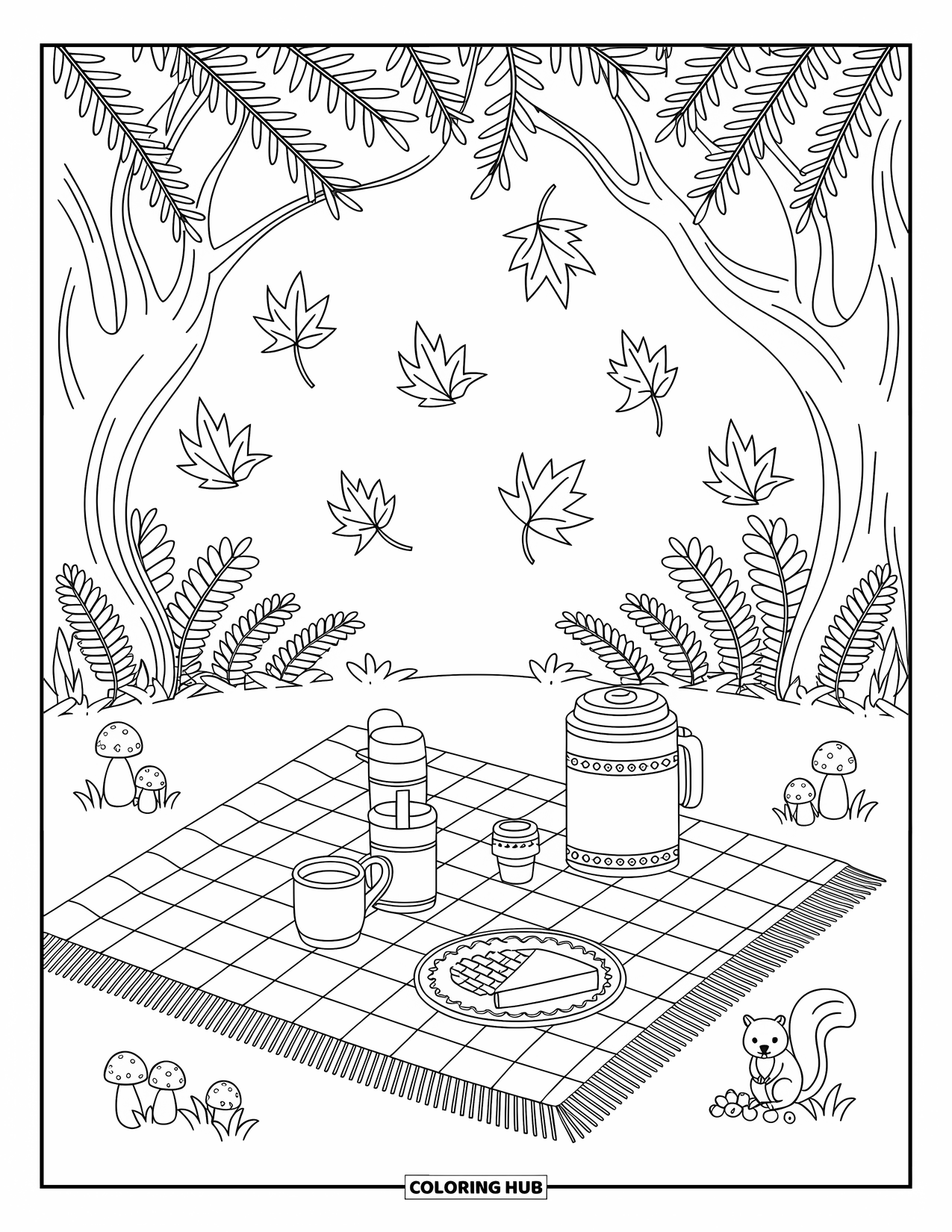 Cozy Fall Coloring Page for Adults: A woodland picnic scene with pie, cups, apples, and swirling autumn leaves