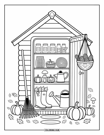 Coloriage d'automne douillet pour adultes : Un abri de jardin d'automne avec des bottes, des outils, des citrouilles et de petites pommes de pin