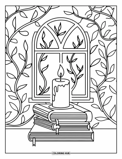 Coloriage d'automne douillet pour adultes : Des livres et une bougie reposent près d'une fenêtre encadrée de branches et de feuilles