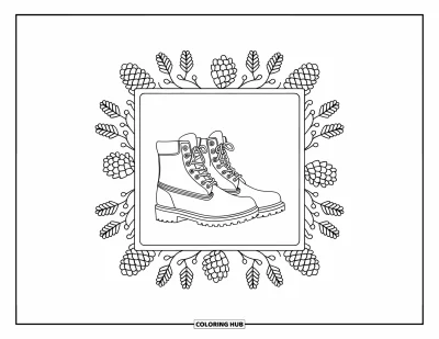 Coloriage d'automne douillet pour adultes : Des bottes d'automne sur une plateforme en bois dans un cadre orné de pommes de pin et de branches