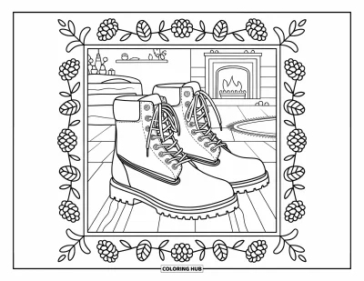 Coloriage d'automne douillet pour adultes : Des bottes d'automne reposent près d'une cheminée accueillante, encadrées de pommes de pin et de branches feuillues