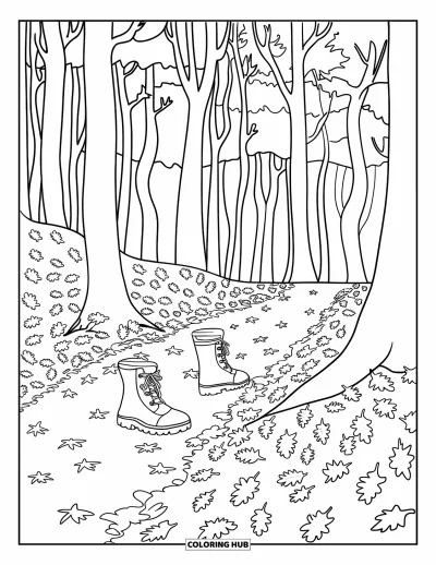 Coloriage d'automne douillet pour enfants : Des bottes qui marchent dans les feuilles craquantes de la forêt sur un sentier chaleureux