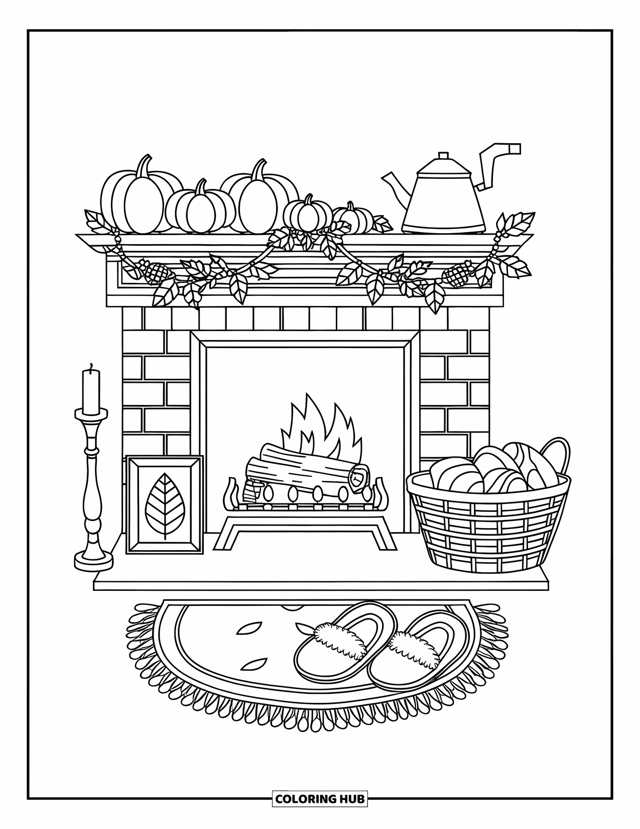 Cozy Fall Coloring Page for Kids: Brick fireplace with pumpkins, slippers, and leaf garlands in a cozy corner