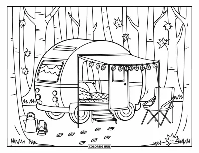 Coloriage d'automne douillet pour enfants : Un camping-car avec des oreillers et un édredon se trouve dans les bois avec des guirlandes de feuilles et du matériel