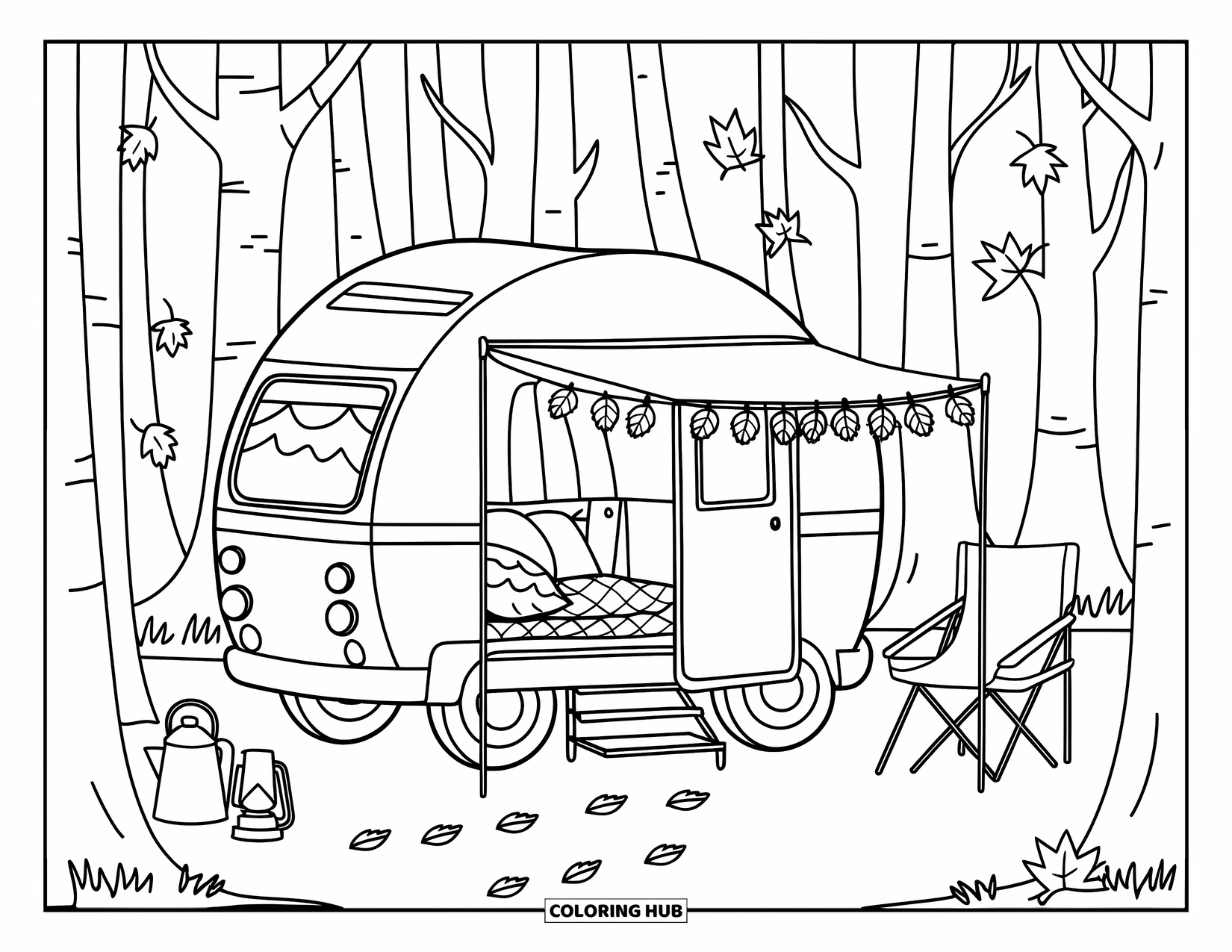 Cozy Fall Coloring Page for Kids: Camper van with pillows and quilt sits in the woods with leaf bunting and gear