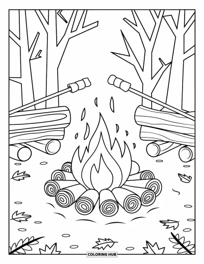 Coloriage d'automne douillet pour enfants : Feu de camp avec des guimauves qui grillent et des bûches sous des arbres aux branches dénudées