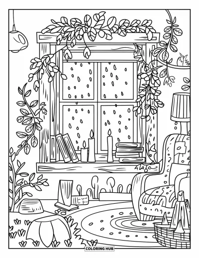 Coloriage d'automne douillet pour enfants : Des bougies et des livres reposent sur un rebord de fenêtre pendant que la pluie tombe doucement