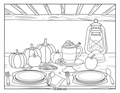 Coloriage d'automne douillet pour enfants : Un roulé à la cannelle, du cacao et des pommes décorent une table d'automne réconfortante