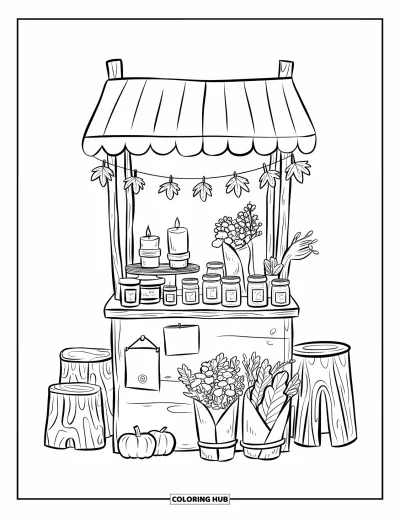 Coloriage d'automne douillet pour enfants : Stand chaleureux sous un auvent rayé avec de la confiture, des fleurs et des tabourets en bûche