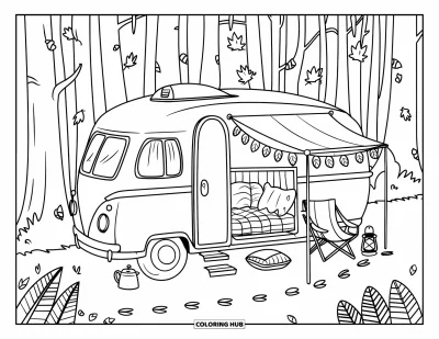 Coloriage d'automne douillet pour enfants : Camping-car garé sous les arbres avec des guirlandes de feuilles, des oreillers et du matériel éparpillé