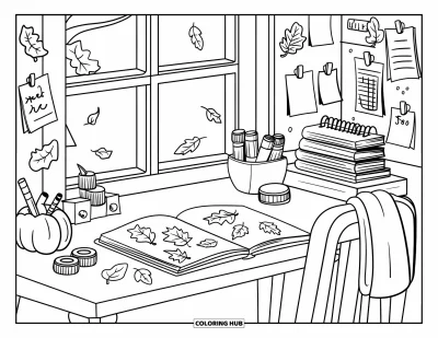 Coloriage d'automne douillet pour enfants : Bureau chaleureux avec un journal à feuilles, des rubans adhésifs et une couverture sur la chaise