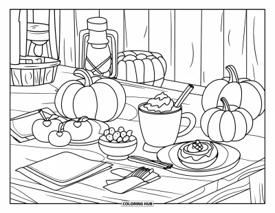 Coloriage d'automne douillet pour enfants : Table d'automne avec des pommes, des citrouilles et du cacao fouetté