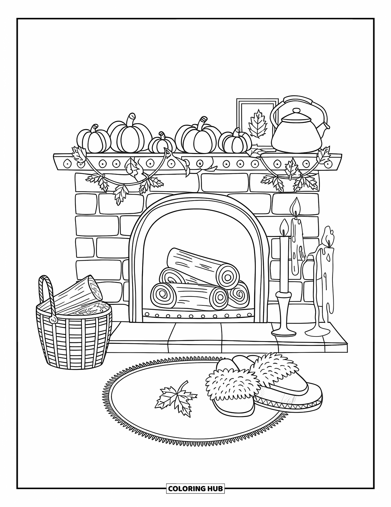 Cozy Fall Coloring Page for Kids: Cozy fireplace scene with log pile, leaf garlands, and fuzzy slippers