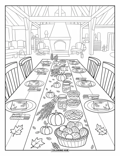 Coloriage d'automne douillet pour enfants : Table dressée pour un festin des récoltes avec des courges, des tartes et des pommes de pin