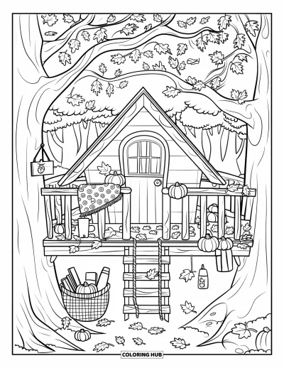 Coloriage d'automne douillet pour enfants : Cabane dans les arbres avec un panier de livres et des feuilles d'automne tout autour