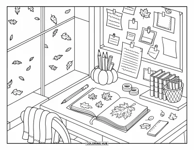 Coloriage d'automne douillet pour enfants : Bureau avec des tampons en forme de feuilles, des post-it et un pot à crayons citrouille près de la fenêtre