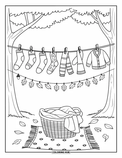 Coloriage d'automne douillet pour enfants : Corde à linge d'automne avec des pulls, des chaussettes et une guirlande de feuilles et de glands