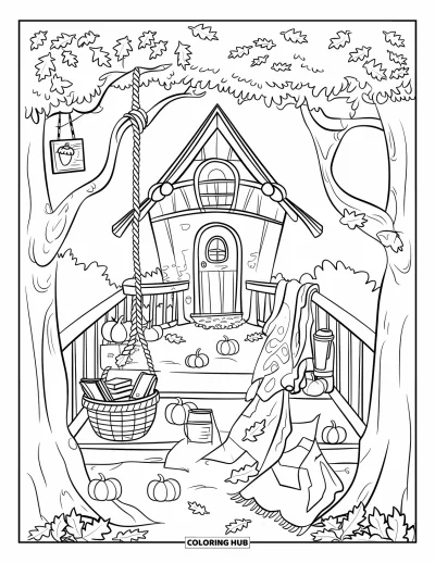 Coloriage d'automne douillet pour enfants : Scène de cabane dans les arbres d'automne avec une échelle de corde, des citrouilles et un joli panneau
