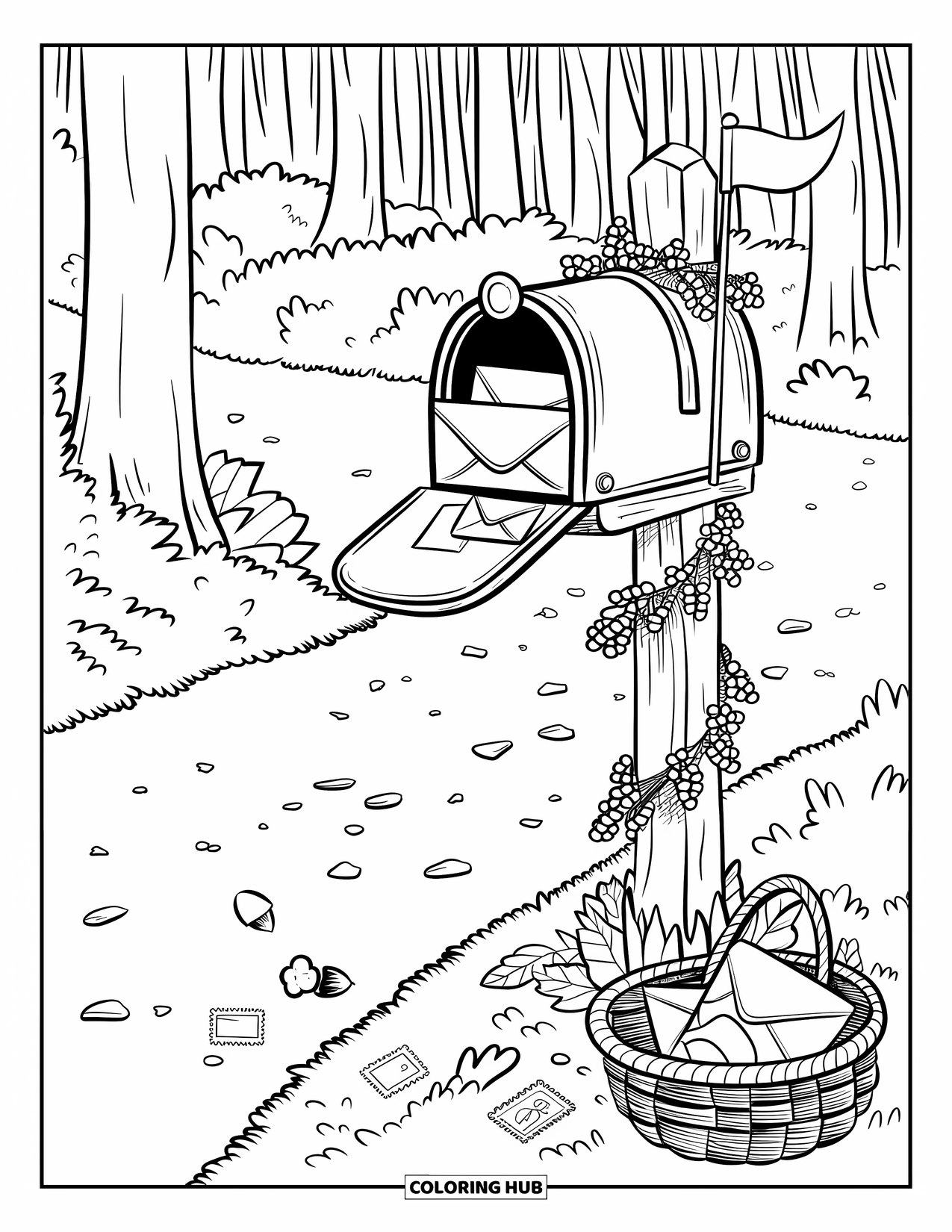 Cozy Fall Coloring Page for Kids: Forest mailbox with garland, basket of letters, and a gift peeking out