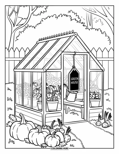Coloriage d'automne douillet pour enfants : Serre en verre avec des plantes d'automne et un tableau noir suspendu à la porte
