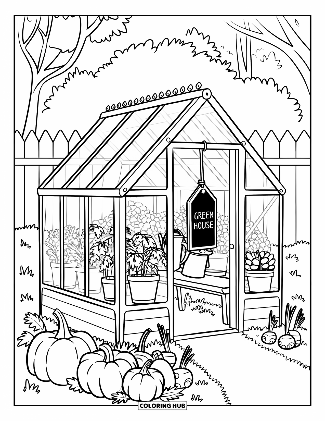 Cozy Fall Coloring Page for Kids: Glass greenhouse with autumn plants and a chalkboard hanging on the door