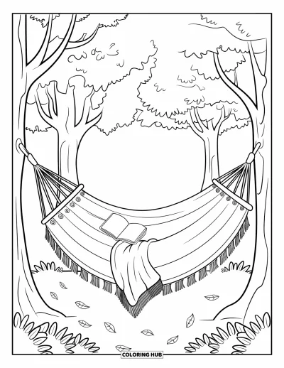 Coloriage d'automne douillet pour enfants : Hamac avec une couverture et un livre qui se balance entre les arbres dans les bois