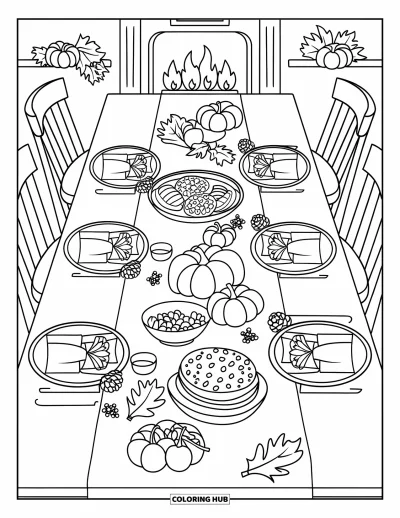 Coloriage d'automne douillet pour enfants : Table du repas des récoltes avec des serviettes en forme de feuilles, de petites tartes et des pommes de pin éparpillées