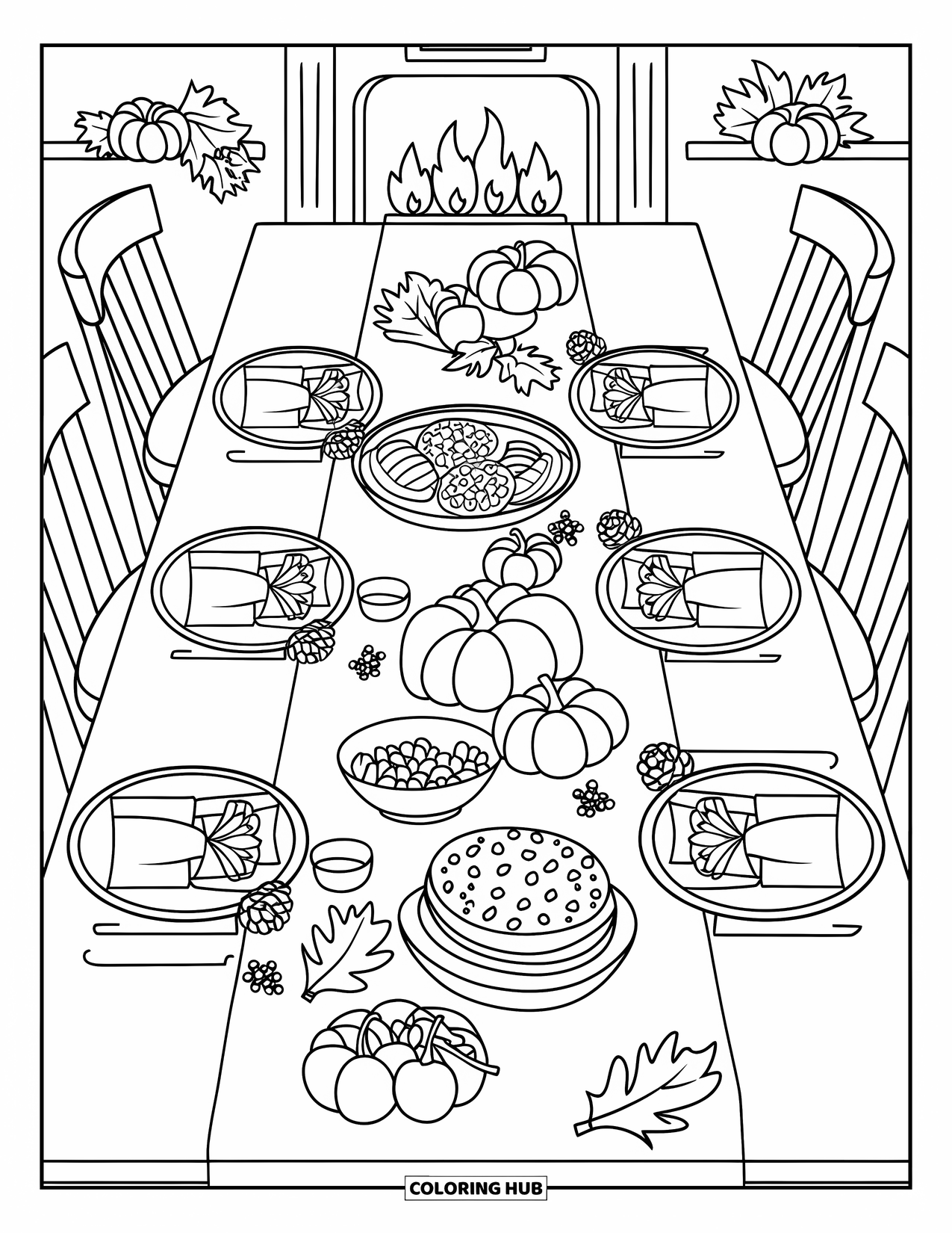 Cozy Fall Coloring Page for Kids: Harvest meal table with leaf napkins, little pies, and scattered pinecones