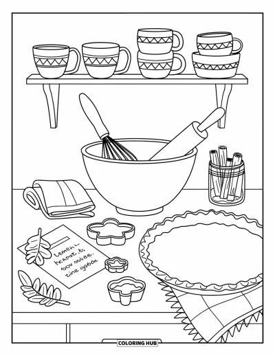 Coloriage d'automne douillet pour enfants : Plan de travail avec des emporte-pièces, des tasses et un fouet prêts pour la pâtisserie
