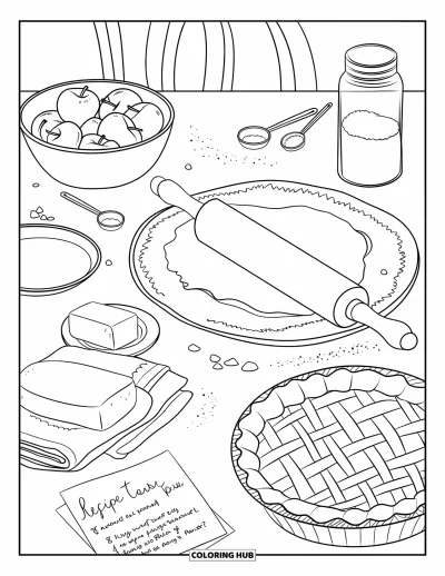 Coloriage d'automne douillet pour enfants : Table de cuisine en plein milieu de la préparation d'une tarte avec des pommes, du beurre et une tarte en treillis en cours