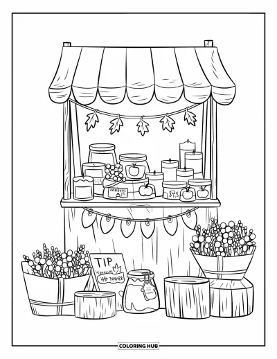 Coloriage d'automne douillet pour enfants : Un stand décoré de feuilles présente des bougies, des pots de confiture et des fleurs emballées dans du papier