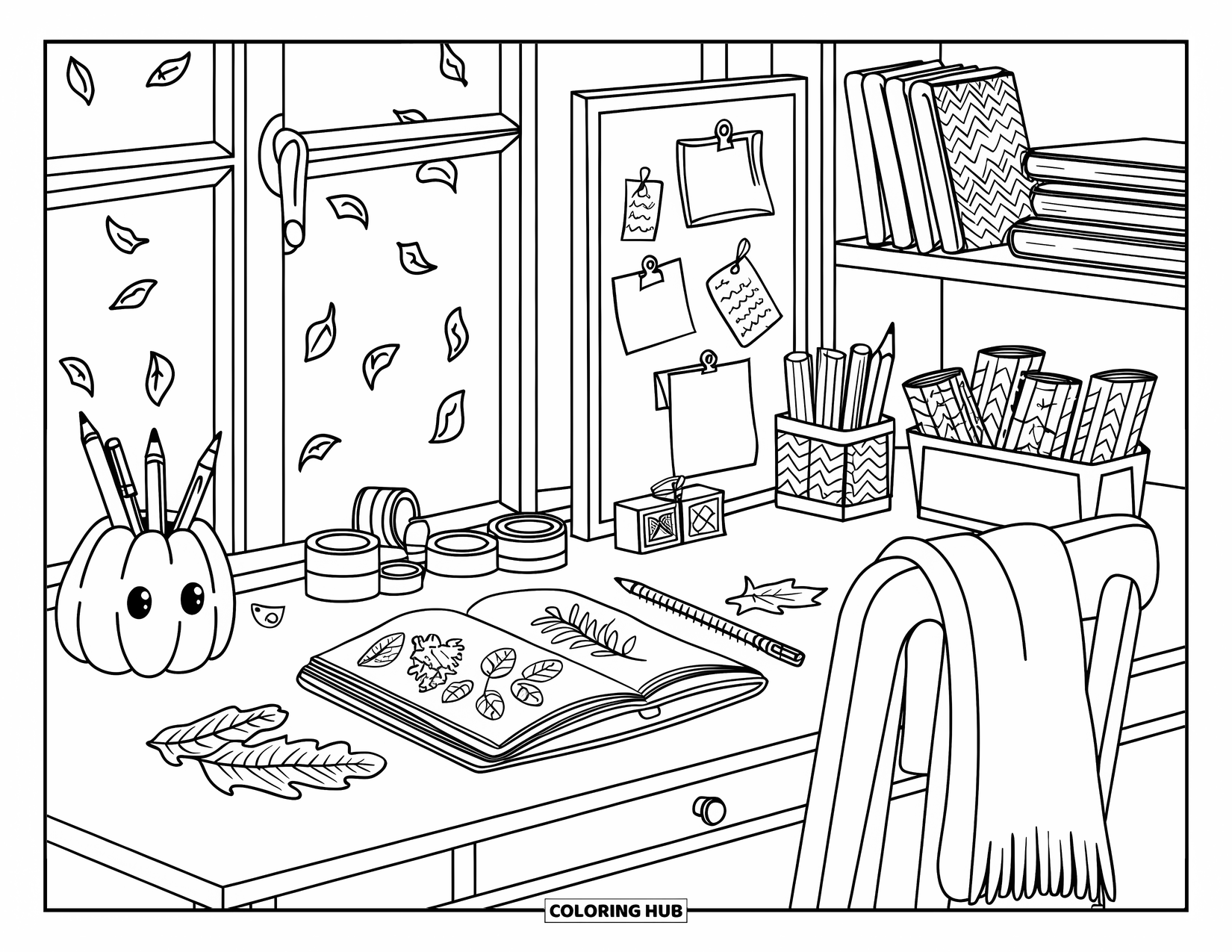 Cozy Fall Coloring Page for Kids: Leafy window view from a writing desk filled with tapes, notes, and bookmarks
